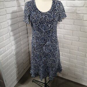 Tradition Ladies Size 12 Blue & White Paisley Pattern Lined Round Neck Dress